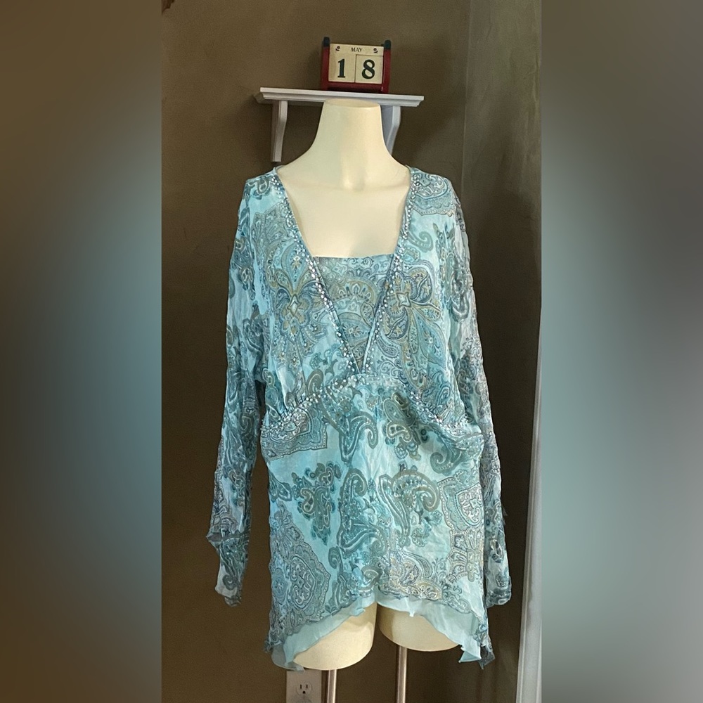 New York City Design Co 100% Silk Boho Long Sleeve Blouse Womens Size 2X